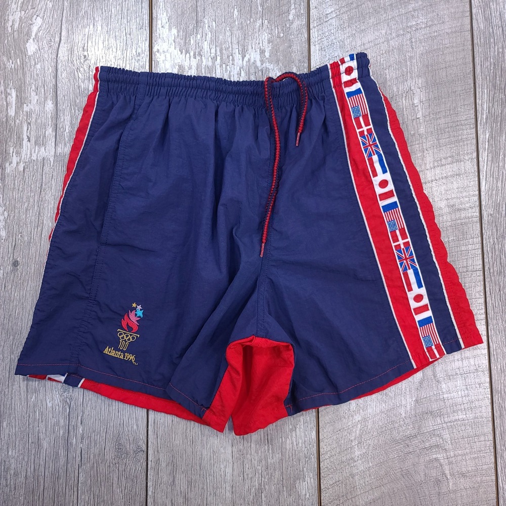 Speedo Swim Trunks Mens Large Blue 1996 Atlanta Olympic Flag Side Stripe Shorts